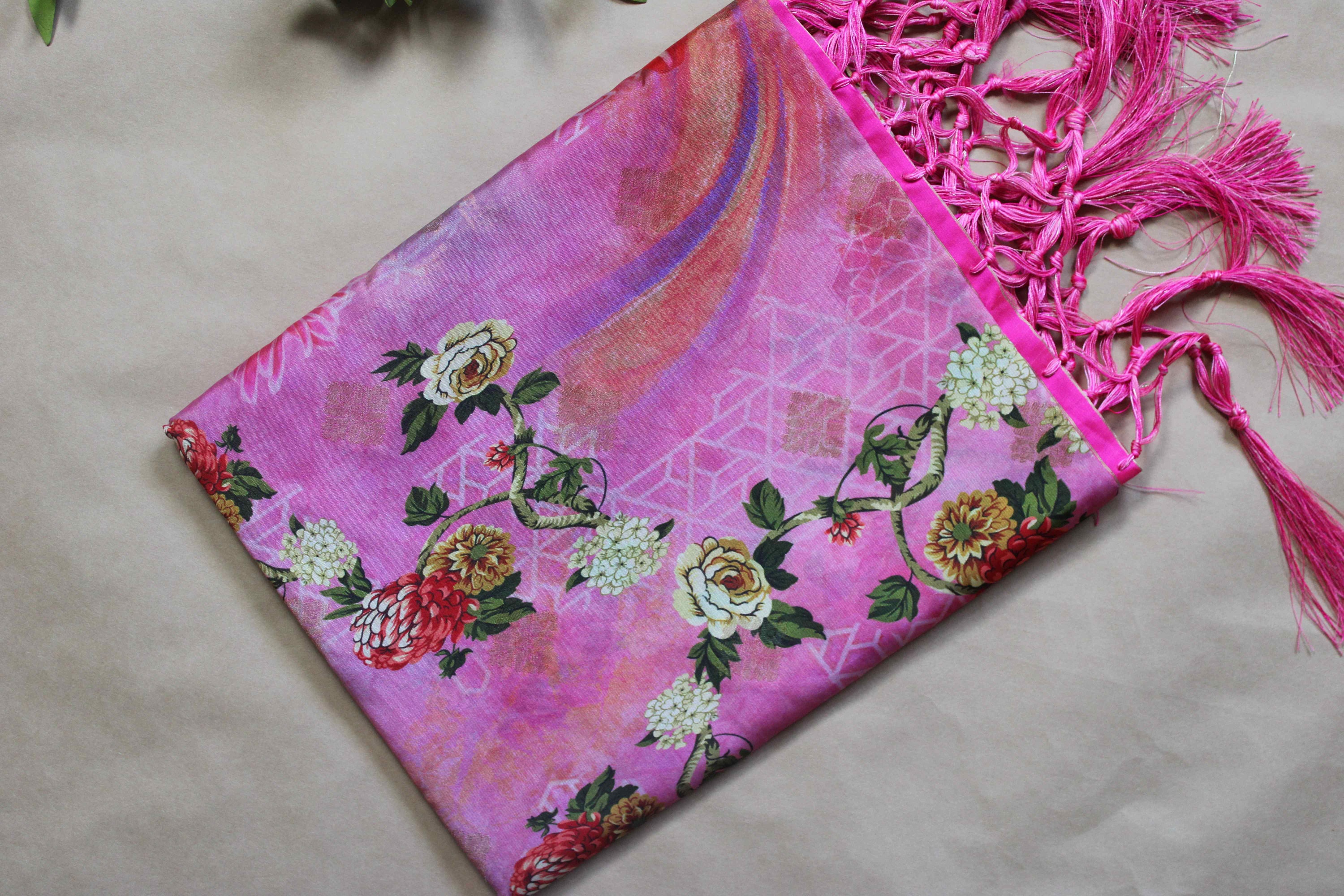 Banarasi Pink Silk Dupatta, gold weaving, Indian traditional and Festive wear, luxurious silk, floral prints, multicolor design dupatta