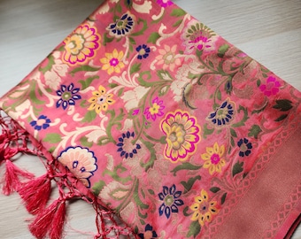 Banarasi Silk Coral Pink Dupatta, multicolor and gold floral handweaving, Indian traditional & Festive wear, Luxurious Soft Banarsi Dhupatta