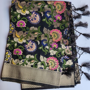 Banarasi Silk Black Dupatta with Multicolor & Gold Floral Handweaving