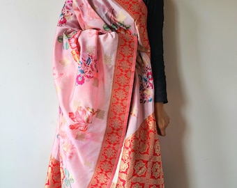 Banarasi Silk Pink Dupatta, gold weaving, Indian traditional wear, Festive wear, luxurious floral prints multicolor design dupatta