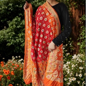 Red and Gold Floral Embroidered Dupatta  Orange and Gold Traditional Stole  Indian Ethnic Wrap  Festive Wedding Accessory