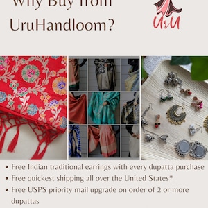 May include: Image featuring a red floral dupatta with tassels, a collage of other dupattas, and various earrings. The text reads "Why Buy from UruHandloom?" and lists benefits like free earrings and ethical sourcing.