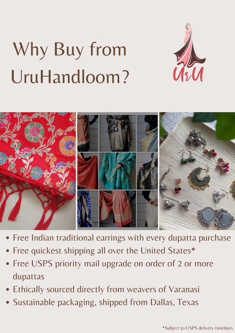 May include: Image featuring a red floral dupatta with tassels, a collage of other dupattas, and various earrings. The text reads "Why Buy from UruHandloom?" and lists benefits like free earrings and ethical sourcing.