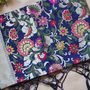 Banarasi Silk Navy Blue Dupatta with multicolor and gold floral handweaving, Indian traditional Festive wear, Luxurious Banarasi silk