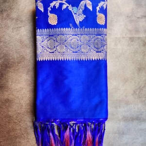 Royal Blue Banarasi Silk Dupatta with Gold Zari Border & Multicolor Meenakari Work