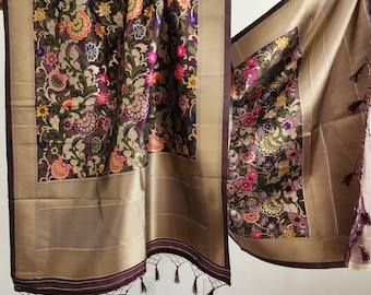 Banarasi Dark Wine Dupatta with multicolor handweaving