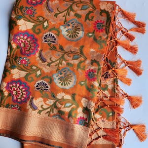 Banarasi Silk Orange Dupatta with Multicolor & Gold Floral Handweaving