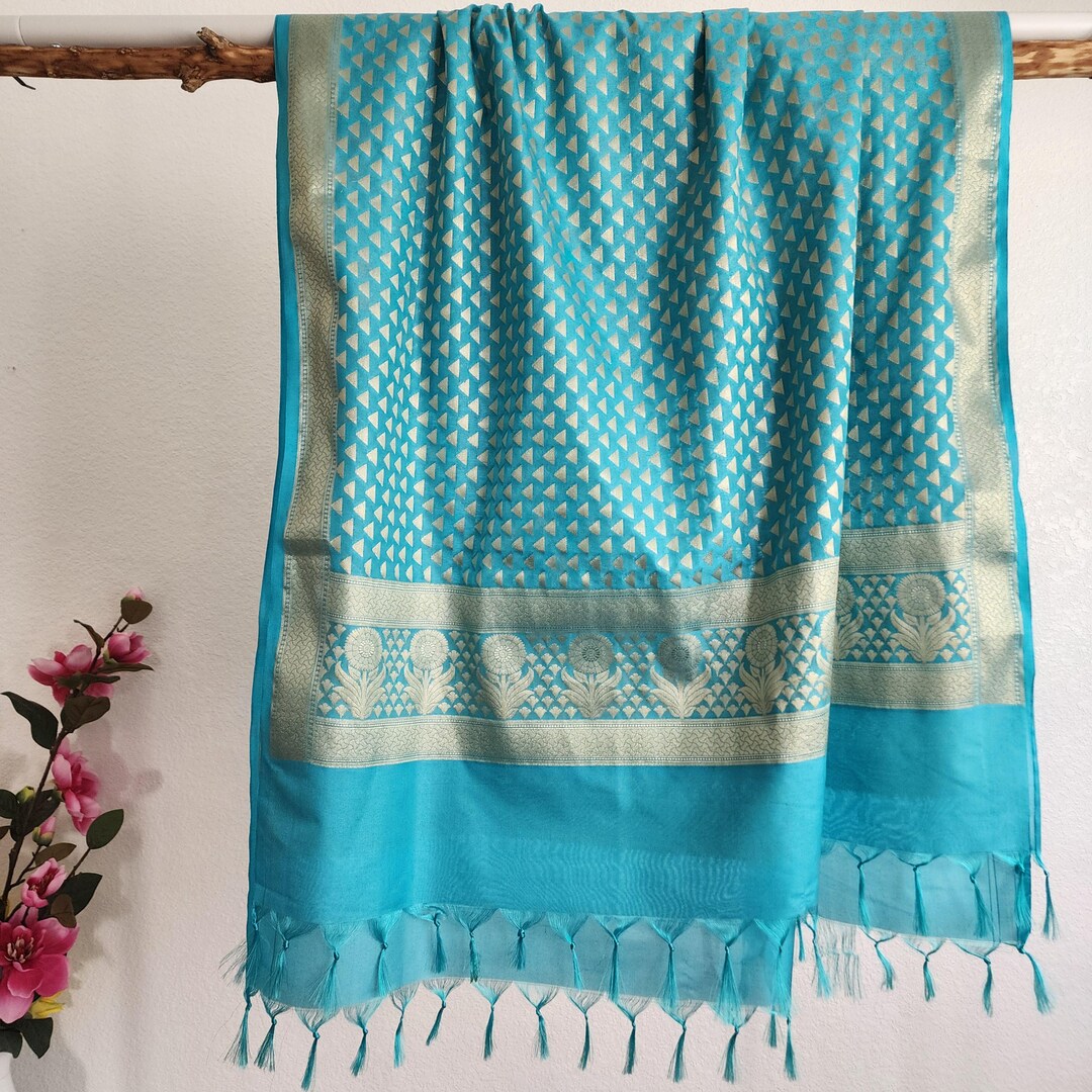 Navy Blue & Gold Banarsi Silk Dupatta main image 1