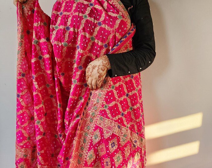 Rani Pink Organza Dupatta with Gold Embroidered Border
