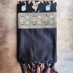 Black Banarasi Silk Dupatta with Gold Zari Border & Multicolor Meenakari Work