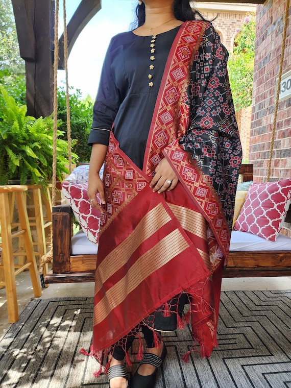 Indian A Line Style Kurta / Kurti, Black and Gold Color Elegant Long Suit  Dress, Leggings & Banarasi Dupatta Set, Silky Smooth Designer Suit 