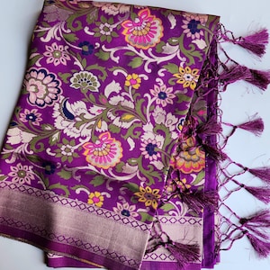 Banarasi Silk Dark Plum Dupatta with Multicolor & Gold Floral Handweaving