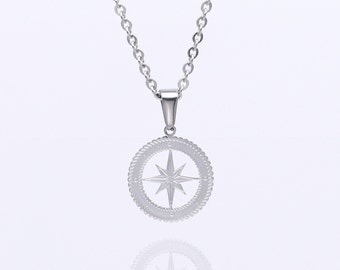 Compass Necklace Silver, North Star Necklace Silver, North Star Pendant, Stainless Steel Necklace