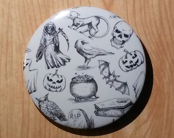 Halloween choses contour motif Pinback bouton Pin, Spooky Decor, corbeau chauve-souris chat hibou tête de mort impression Badge, accessoire, octobre Party Favors cadeau