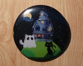 Funny Ghost Cat Pin Pinback Button, Haunted House Badge, Black Kitty, Spooky Night, design étoiles pleine lune,