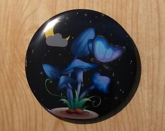 Blue Mushrooms Butterfly Pinback Button Pin Goth Celestial Goblincore Fairycore Badge, Dark Academia Accessory for Backpack, Purse, Tote Bag