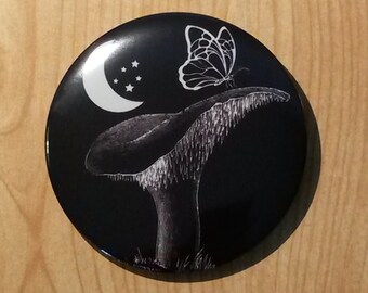 Butterfly on Mushroom at night Pinback Button Pin, Goth Goblincore Forestcore Fairycore Badge, Dark Academia Accessory for Backpack & Purse