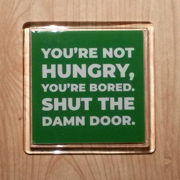 Funny Dieting Acrylic Fridge Magnet, You're Not Hungry Your Bored Shut the Damn Door, Gag Gift, Novelty Accessory, Weight Loss Motivation