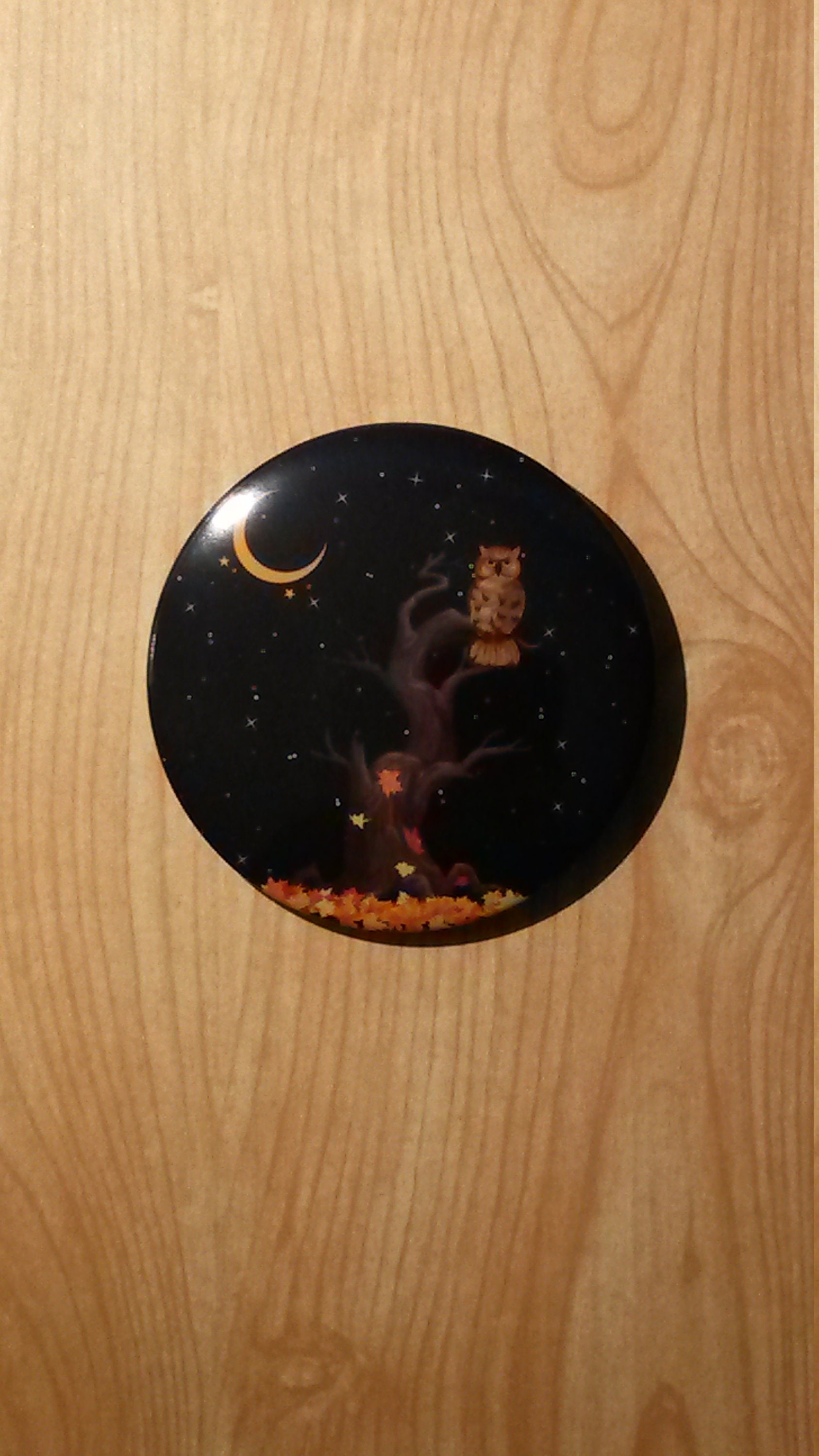 Cute Owl in Tree Pinback Button Pin, Spooky Celestial Autumn Night, crescent moon, starry evening, f