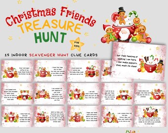 May include: Christmas Friends Treasure Hunt game for kids. The set includes 15 indoor scavenger hunt clue cards with gingerbread men and festive decorations. The cards have clues and are designed for a fun holiday activity.