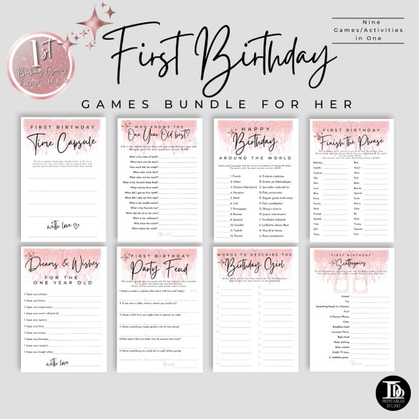 Pink First Birthday Games For Her | 1st Baby Girl Birthday | Pink Sparkle Birthday Party Games like Who knows the Birthday Girl and more!