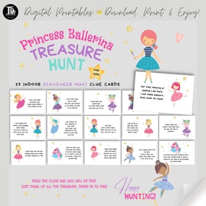 Presente surpresa para festa de aniversário de bailarina para impressão | Cartões de dicas de caça ao tesouro da princesa para crianças | Atividade divertida de aniversário em ambientes fechados para crianças!