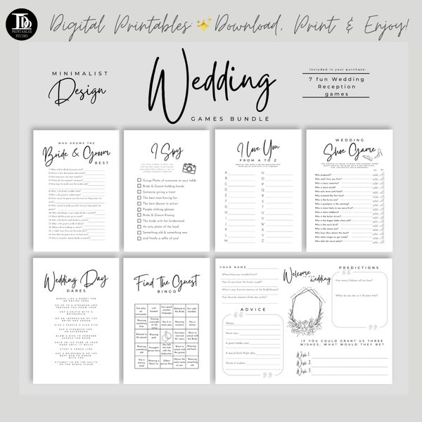 Minimalist Wedding Games Bundle | Wedding Table Activity | Wedding Reception Games | Ice Breaker Wedding Games | Printable Wedding Day Fun!