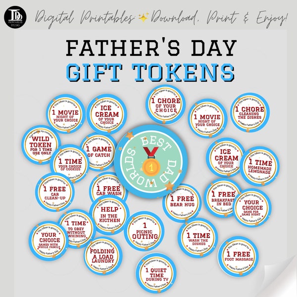 Father's Day Gift Tokens / Blue Father's Day Coupons / Printable Dad Tokens / Gift for Dad from the kids/ Medal for Dad/ Happy Father's Day!