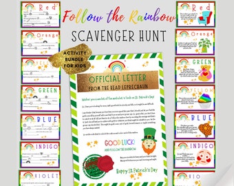 St. Patrick's Day Scavenger Hunt Kids Activity Bundle for HOME / Rainbow Printable Treasure Hunt clue cards/ St. Patrick's Day Kids Game