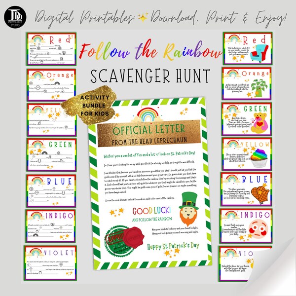 St. Patrick's Day Scavenger Hunt Kids Activity Bundle for HOME / Rainbow Printable Treasure Hunt clue cards/ St. Patrick's Day Kids Game