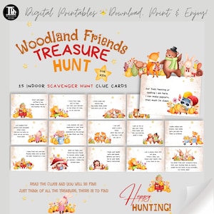 Woodland Animals Birthday Party Treasure Hunt for Kids | Printable Fall Indoor house Scavenger Hunt Activity | Fun Autumn Games Present Hunt