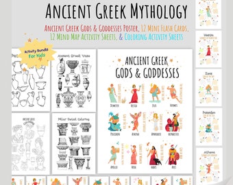 Ensemble d'activités imprimables sur la mythologie grecque antique pour les enfants | Recherche de sujet | Enseignement à domicile | Dieux et déesses, cartes mentales et bien plus encore !