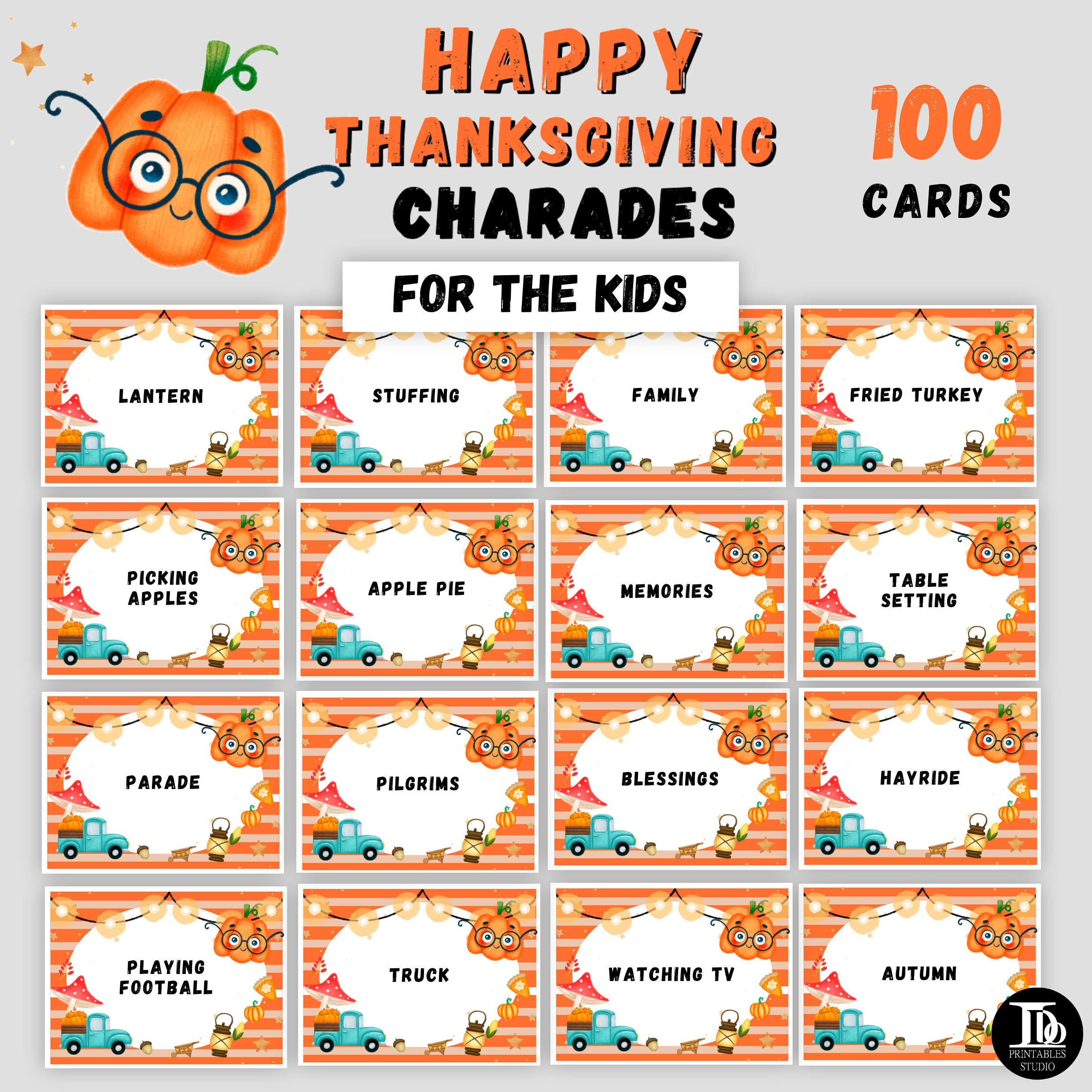 100 Thanksgiving Charades Cards For The Kids Fun Etsy Finland