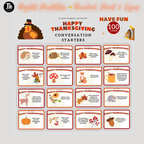 100 Thanksgiving Conversation Starters | Thanksgiving Family Activity | Thanksgiving Dinner Game | Fun Family Thanksgiving Party Printable!