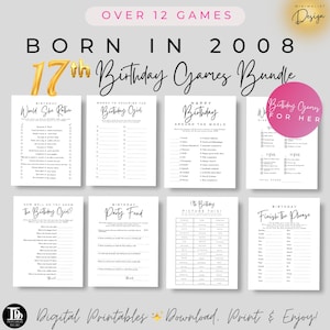 Paquete de juegos para fiesta de cumpleaños número 17 // Nacidos en 2008 // Juegos de cumpleaños imprimibles // Trivia y juegos de 2008 // Paquete de fiesta de cumpleaños número 17 // Descarga instantánea