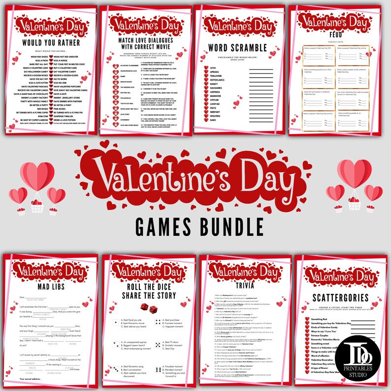 8 Valentines Day Games Bundle / Scattergories / word scramble / mad libs / Valentine Trivia / Valentine Feud / Roll the dice and much more image 1
