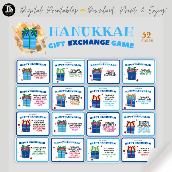 Tarjetas de juego de intercambio de regalos de Hanukkah / Intercambio de regalos de Janucá / Actividad de fiesta de Hanukkah / Juegos judíos / ¡Divertido juego imprimible para toda la familia!