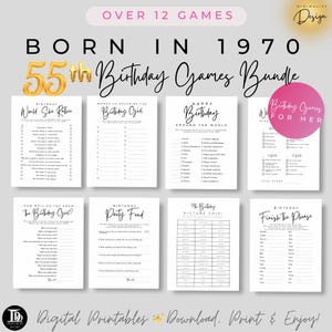 Paquete de juegos para la fiesta del 55.° cumpleaños de ella / Nacida en 1970 / Juegos de cumpleaños imprimibles / Trivia y juegos de 1970 / Descarga instantánea del 55.° cumpleaños