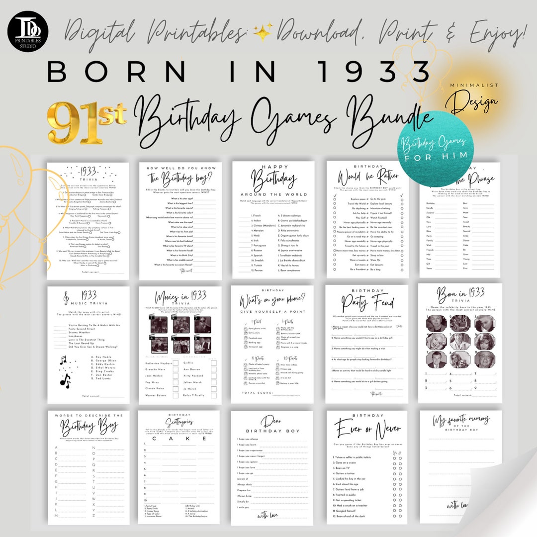 Born in 1933 91st Birthday Party Games Bundle for Him Printables ...