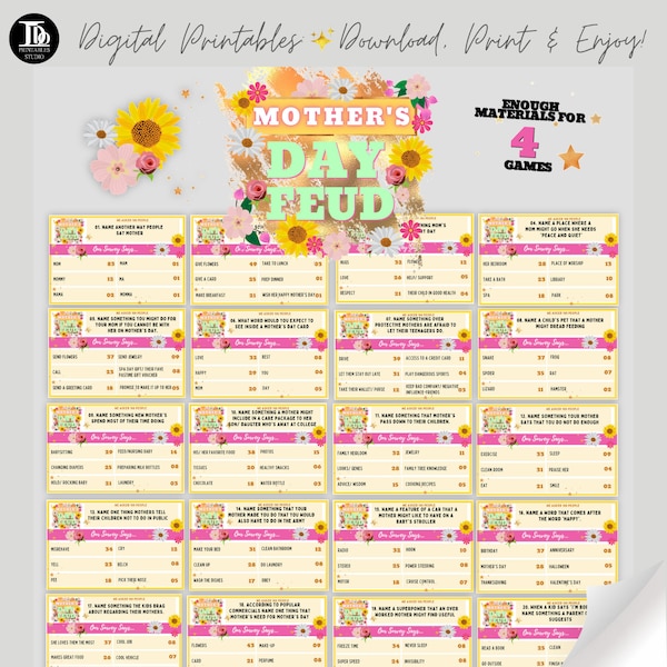 Mother's Day Friendly Feud Printable Game Cards | Family Group Game | Trivia Game Night | Party Game | Family Game Night | Fun Family Quiz!