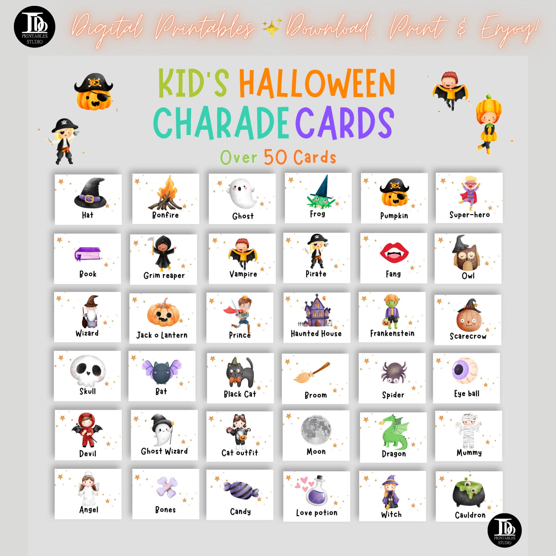 Kid's Halloween Charade Cards | Halloween Family Games Night | Trick or Treat Gift for Kids | Cute Halloween Activity | Halloween Party Fun!