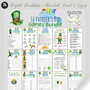 May include: A printable St Patrick's Day games bundle featuring 15 games, including scattergories, trivia, word search, ABC game, would you rather, finish my phrase, mad libs, and more. The games are decorated with shamrocks, rainbows, and gold coins.