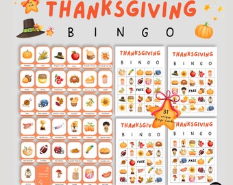 May include: A set of 31 Thanksgiving bingo cards with a variety of images including pumpkins, corn, turkeys, pies, and more. The cards are designed for kids and adults to play together. The cards are printed on white paper with a colorful design.