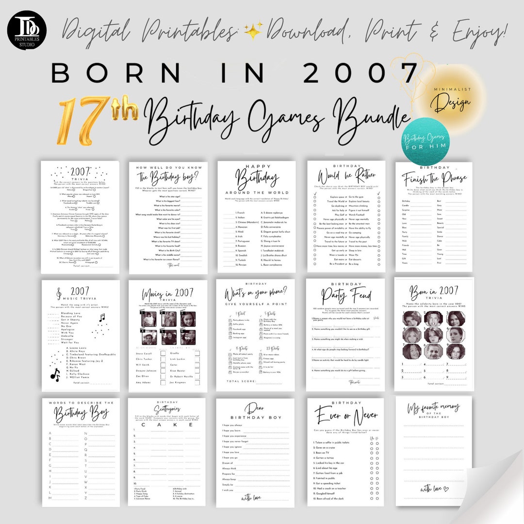 17th Birthday Party Games Bundle Born in 2007 17th Birthday Bash