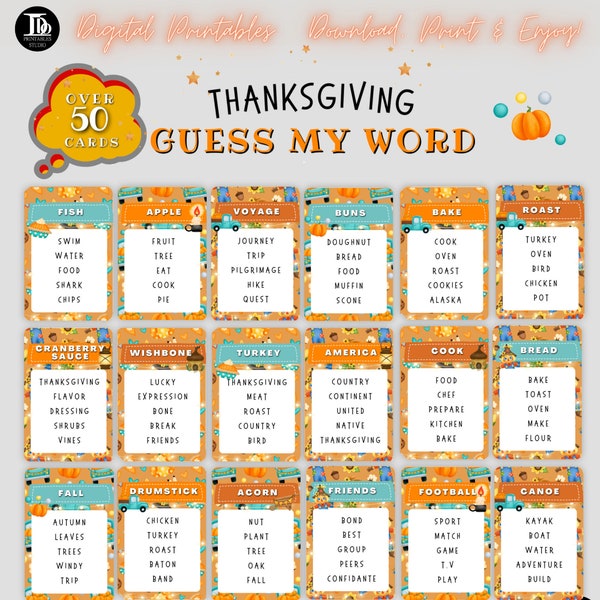 Printable Thanksgiving Word Game Cards | Thanksgiving Dinner Party Game | Family Thanksgiving Activity | Family Game Night | Download Now!