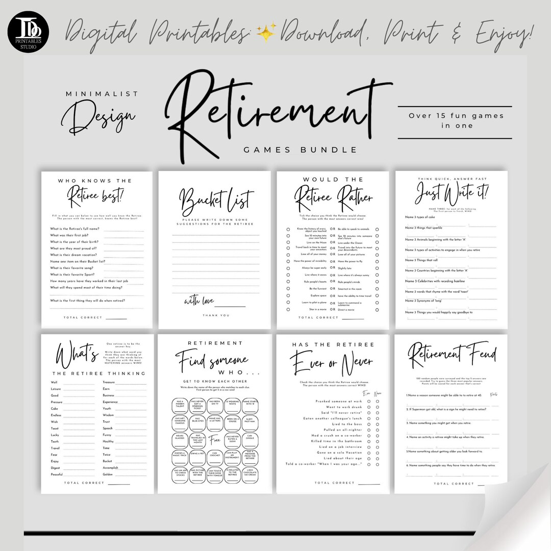 Printable Retirement Fun Guide.pdf Minimalist Retirement Games Bundle | Surprise Retirement Party ...