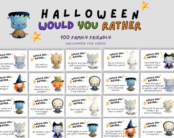 100 Tarjetas de Halloween ¿Prefieres? / Juego de Halloween familiar / Noche de juegos de Halloween / Actividad de truco o trato imprimible para niños