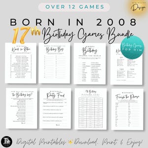 Paquete de juegos de cumpleaños para nacidos en 2008 / Paquete de juegos para fiesta de cumpleaños número 17 para él / Juegos de cumpleaños imprimibles / Fiesta de cumpleaños número 17 para él