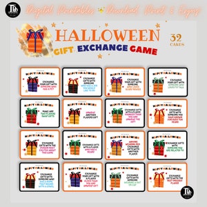 Könnte beinhalten: Ein Set mit 32 Halloween-Karten für ein Geschenketauschspiel. Jede Karte zeigt eine festliche orange und rote Geschenkbox auf weißem Hintergrund mit schwarzem Text. Die Karten enthalten Anweisungen für ein lustiges und festliches Geschenketauschspiel.