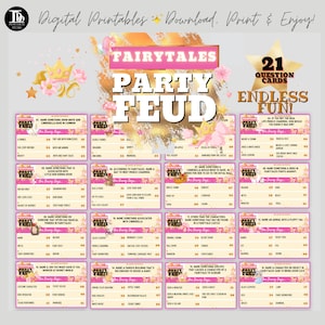 Op de afbeelding: Een printbaar partyspel met 21 vraagkaarten met een roze en gouden sprookjes thema. De kaarten bevatten vragen over sprookjes, zoals "Noem iets dat Sneeuwwitje en Assepoester gemeen hebben." en "Noem iets waar een held in sprookjes tegen vecht."